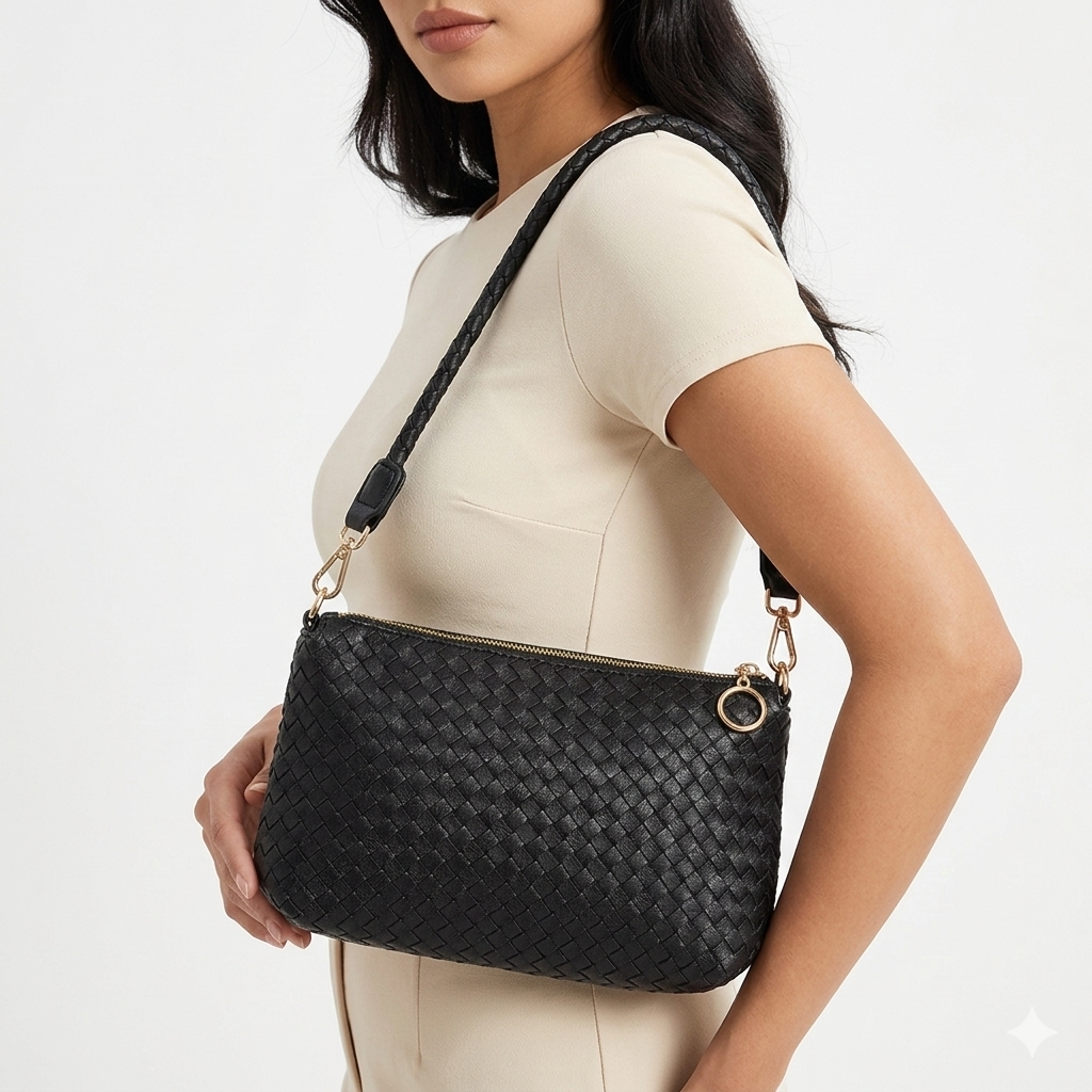 Woven Vegan Leather Crossbody Bag with Braided Strap 👜🖤✨