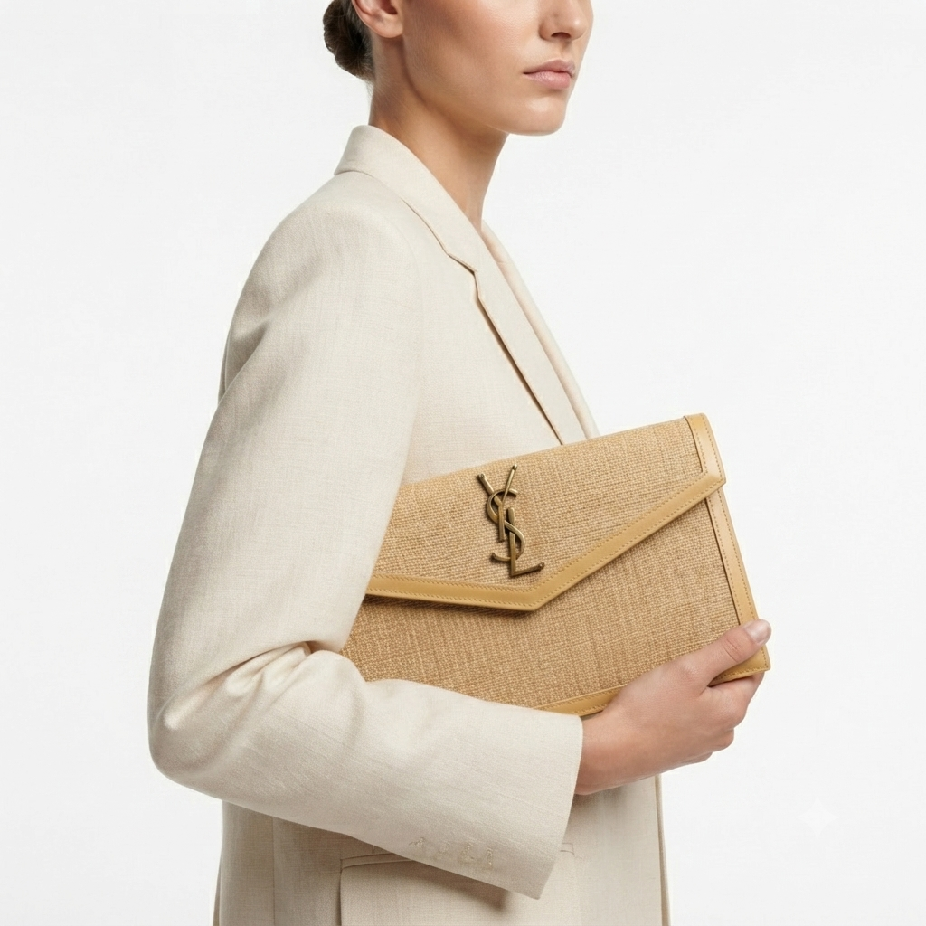 Saint Laurent Raffia Envelope Clutch with Iconic Logo 👜✨