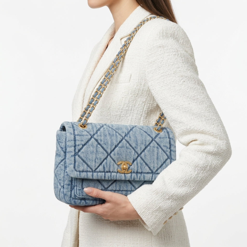 Chanel Quilted Denim Flap Bag with Gold Tone Chain