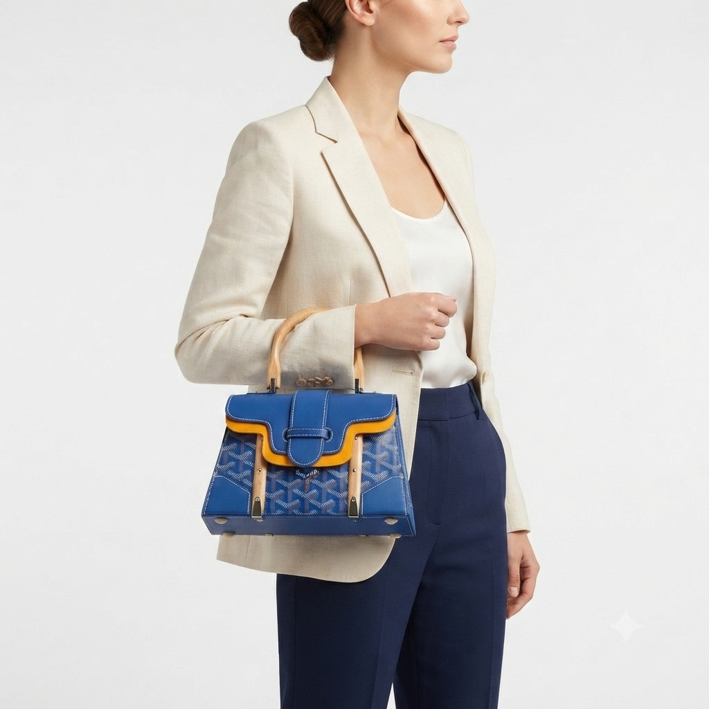 Goyard Style Handbag with Wooden Handle Details