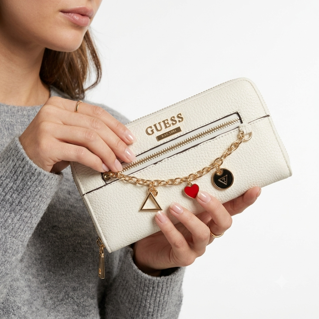 Guess White Zip Around Wallet with Iconic Charm Detail 🤍✨