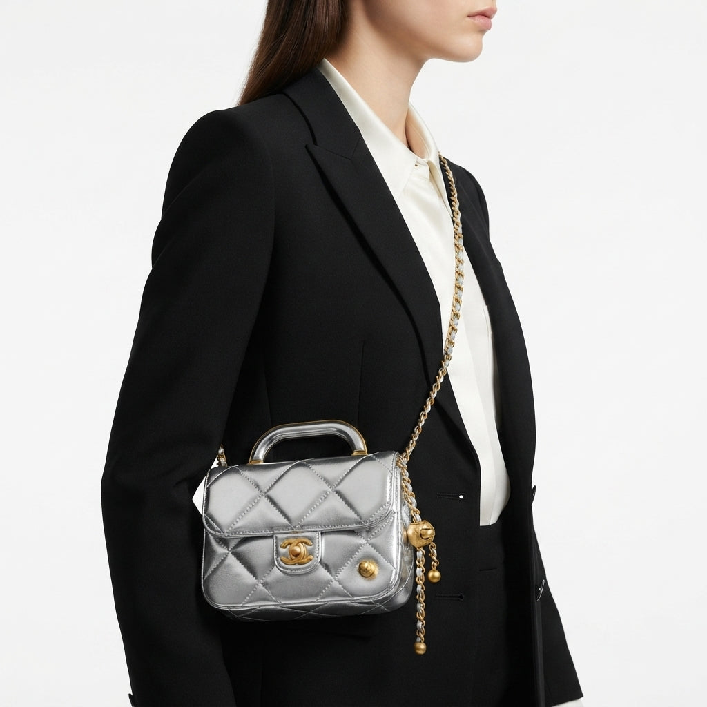 Quilted Patent Leather Top Handle Bag with Gold-Tone Chain