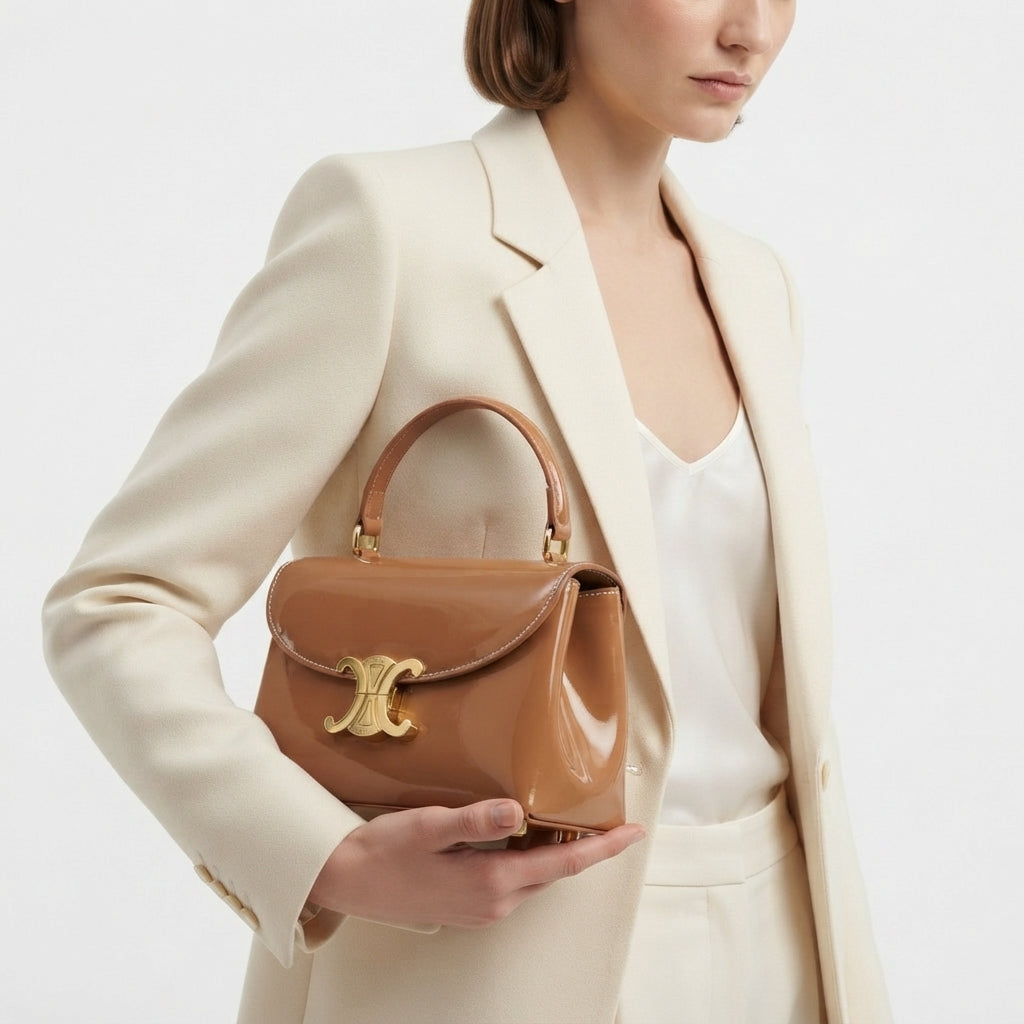 Celine Patent Leather Structured Handbag with Gold Tone Hardware