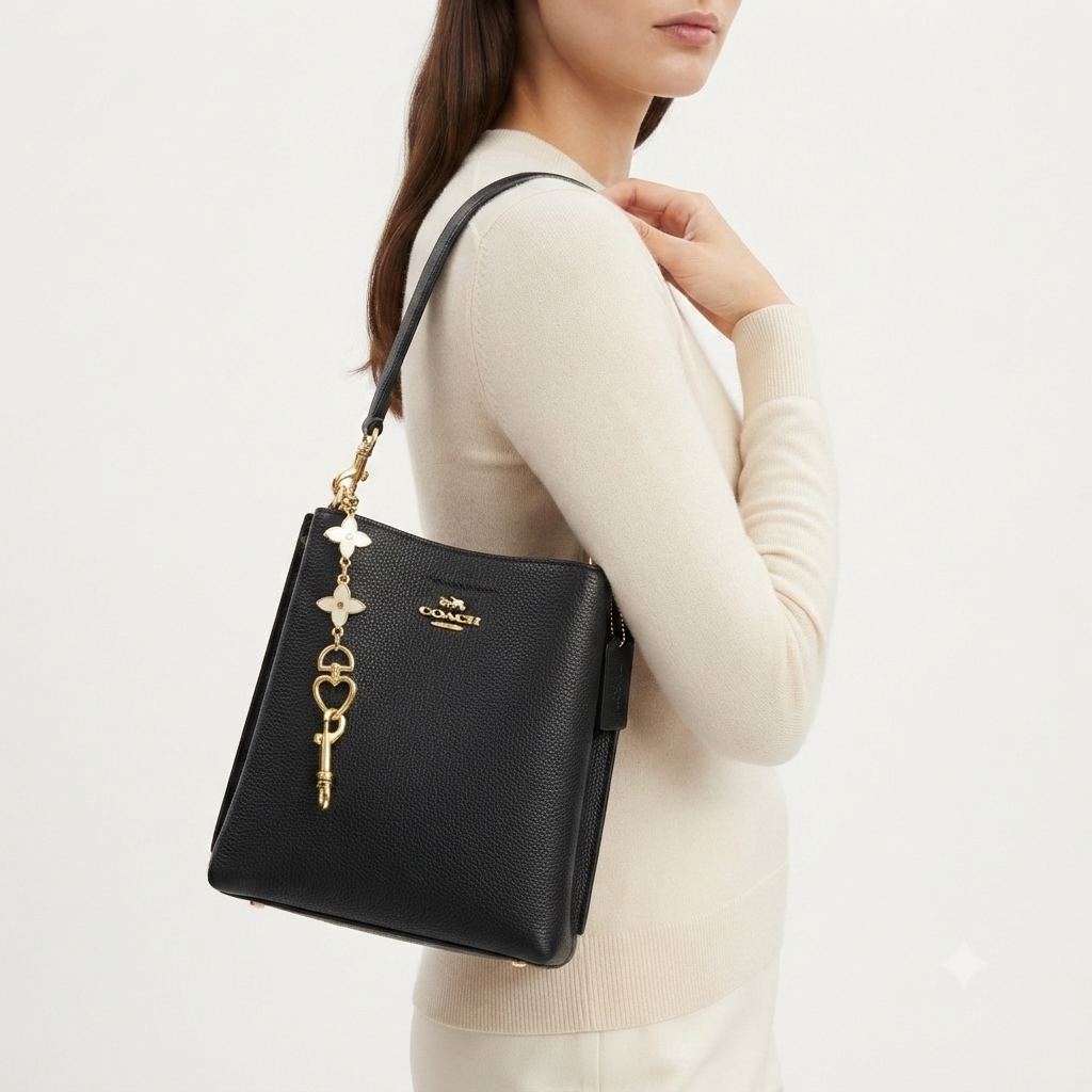 Coach Black Shoulder Bag with Gold-Tone Hardware and Charm