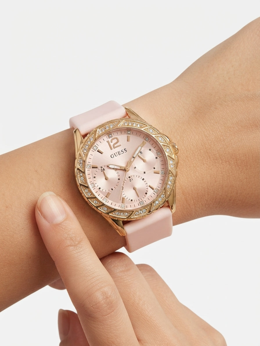 Guess Women's Gold-Tone Pink Silicone Crystal Bezel Watch
