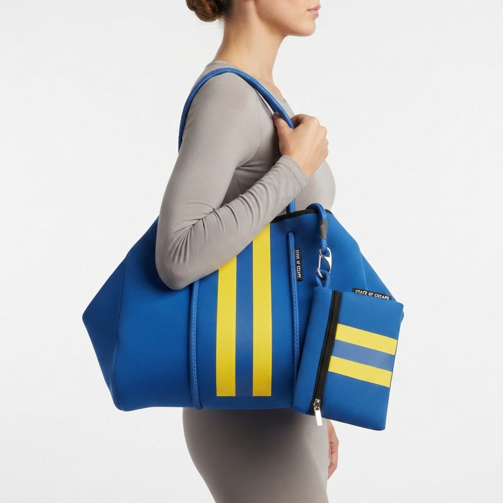 State of Escape Neoprene Tote Bag in Vibrant Blue and Yellow