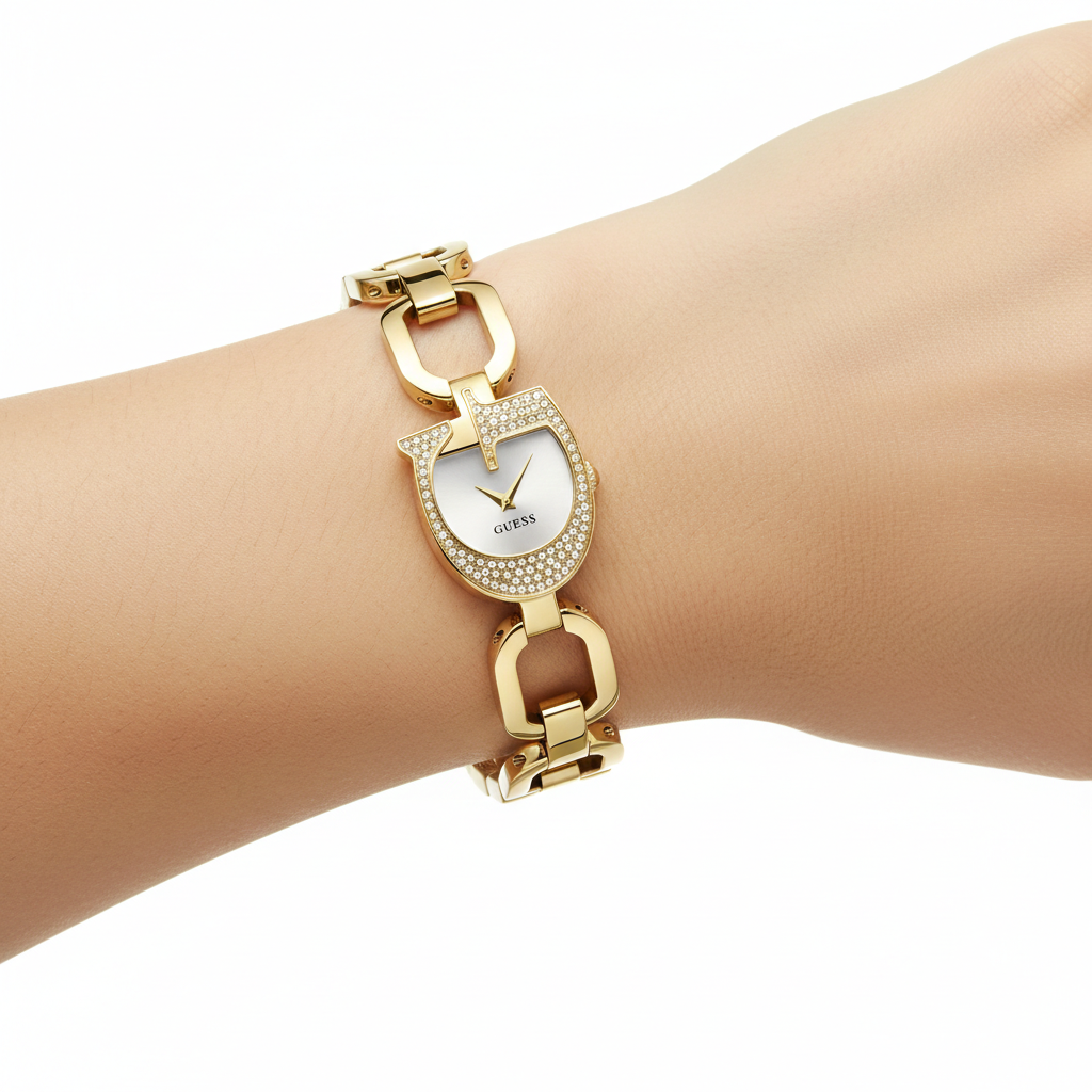 GUESS Crystal G-Logo Gold Tone Bangle Watch ⌚✨👑