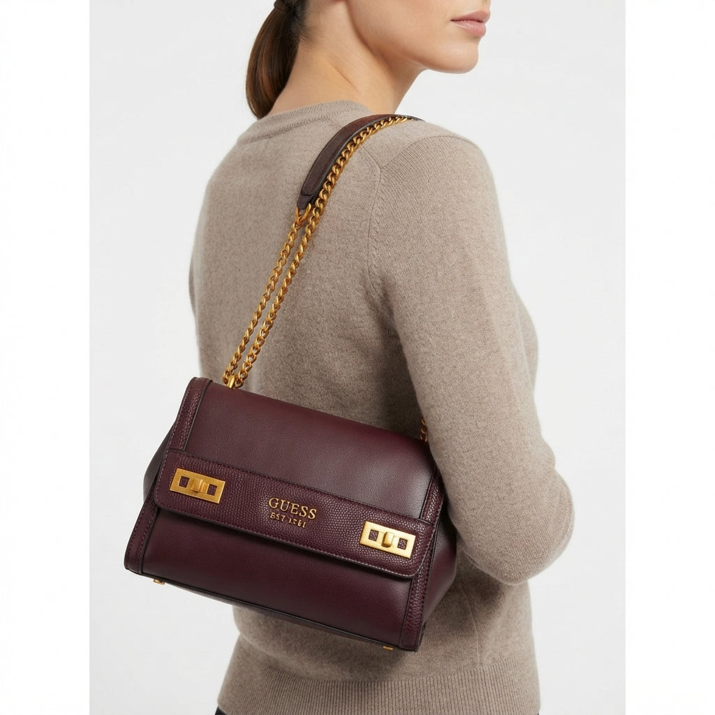 Guess Gold Chain Shoulder Bag in Rich Burgundy