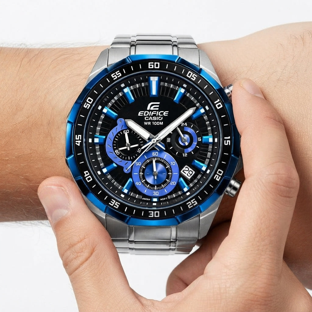 Casio Edifice Stainless Steel Chronograph with Striking Blue Bezel
