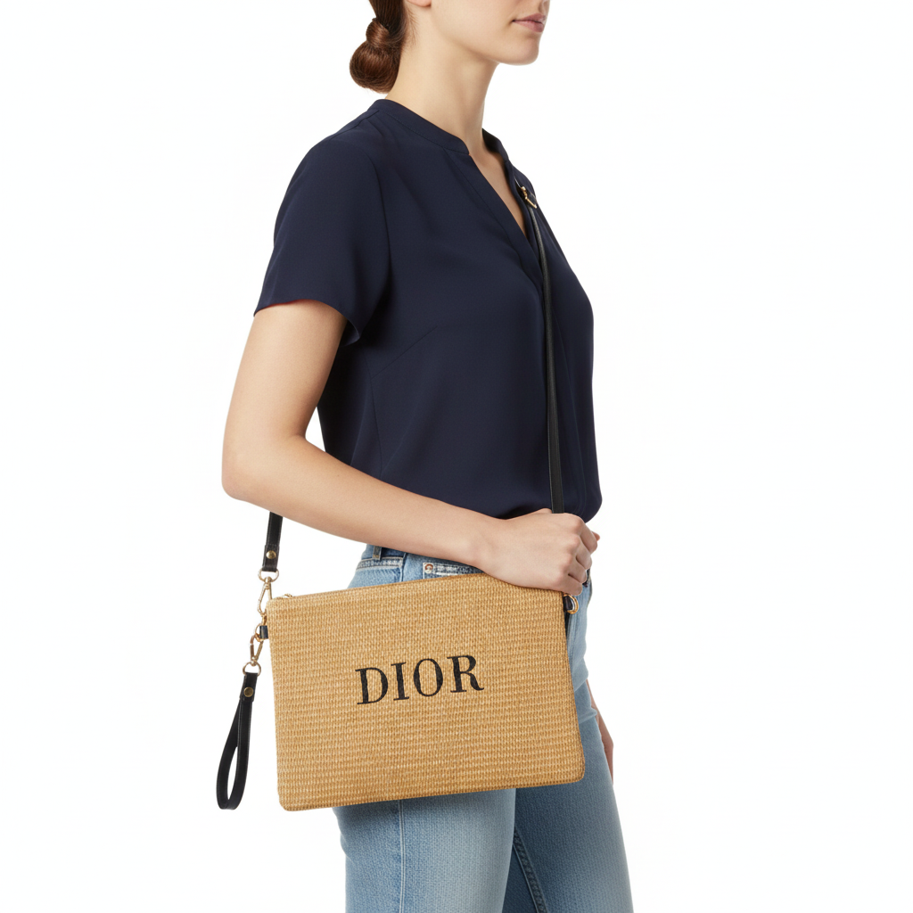 DIOR Woven Raffia Pouch with Detachable Straps 🌾🖤✨