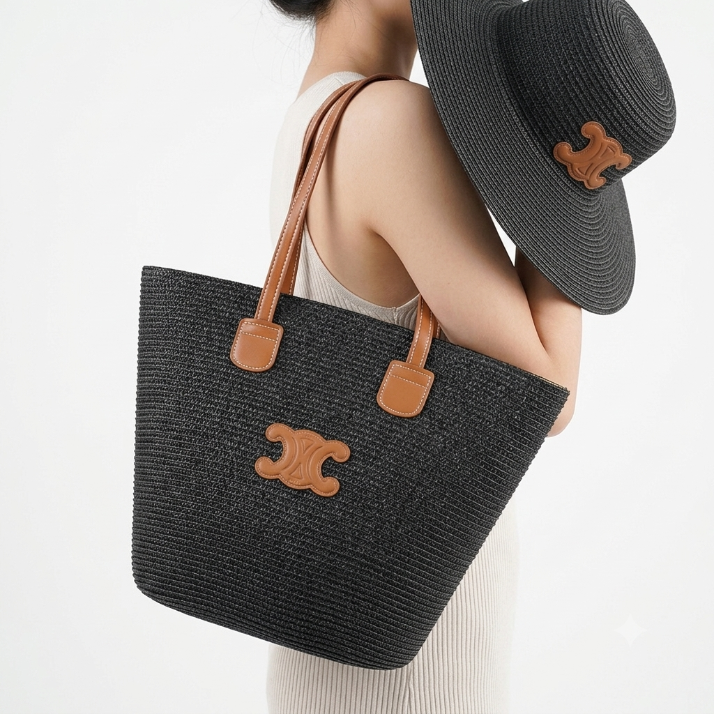 Celine Straw Tote & Matching Hat Set in Black and Tan 👒👜