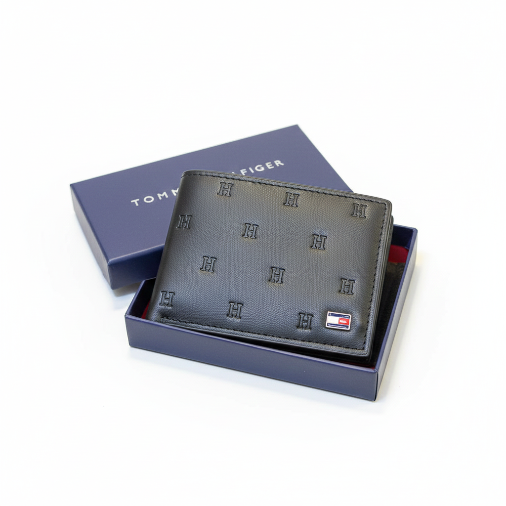 💼 Tommy Hilfiger Black Monogram Bifold Wallet in Gift Box 🎁🖤