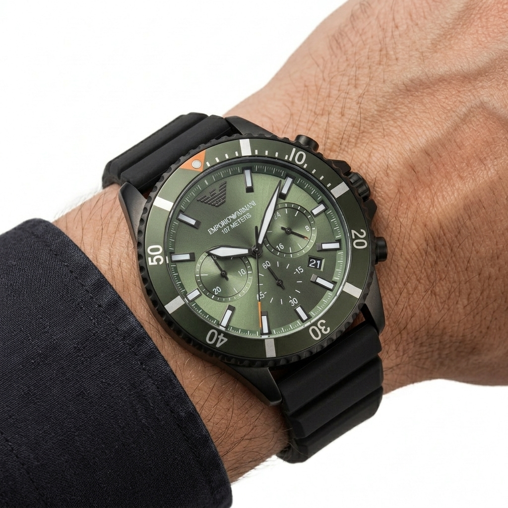 Armani Green Rubber & Black Steel Men's Watch ⌚🟢🖤