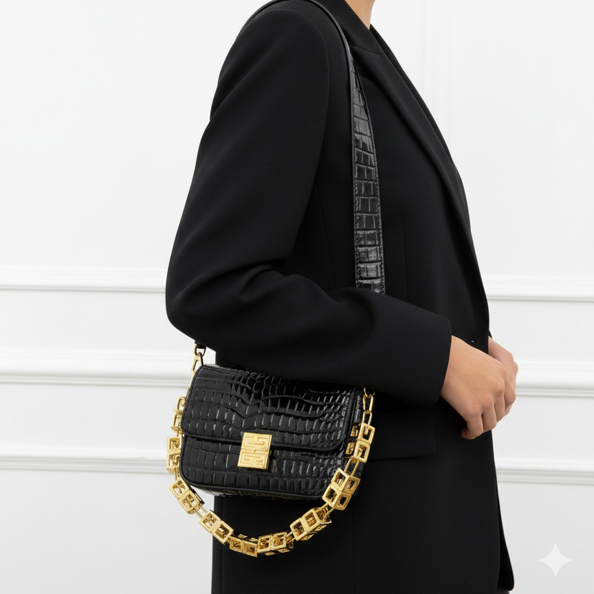 Givenchy Black Croc-Embossed Leather Bag with Gold G-Link Chain 👜✨🖤