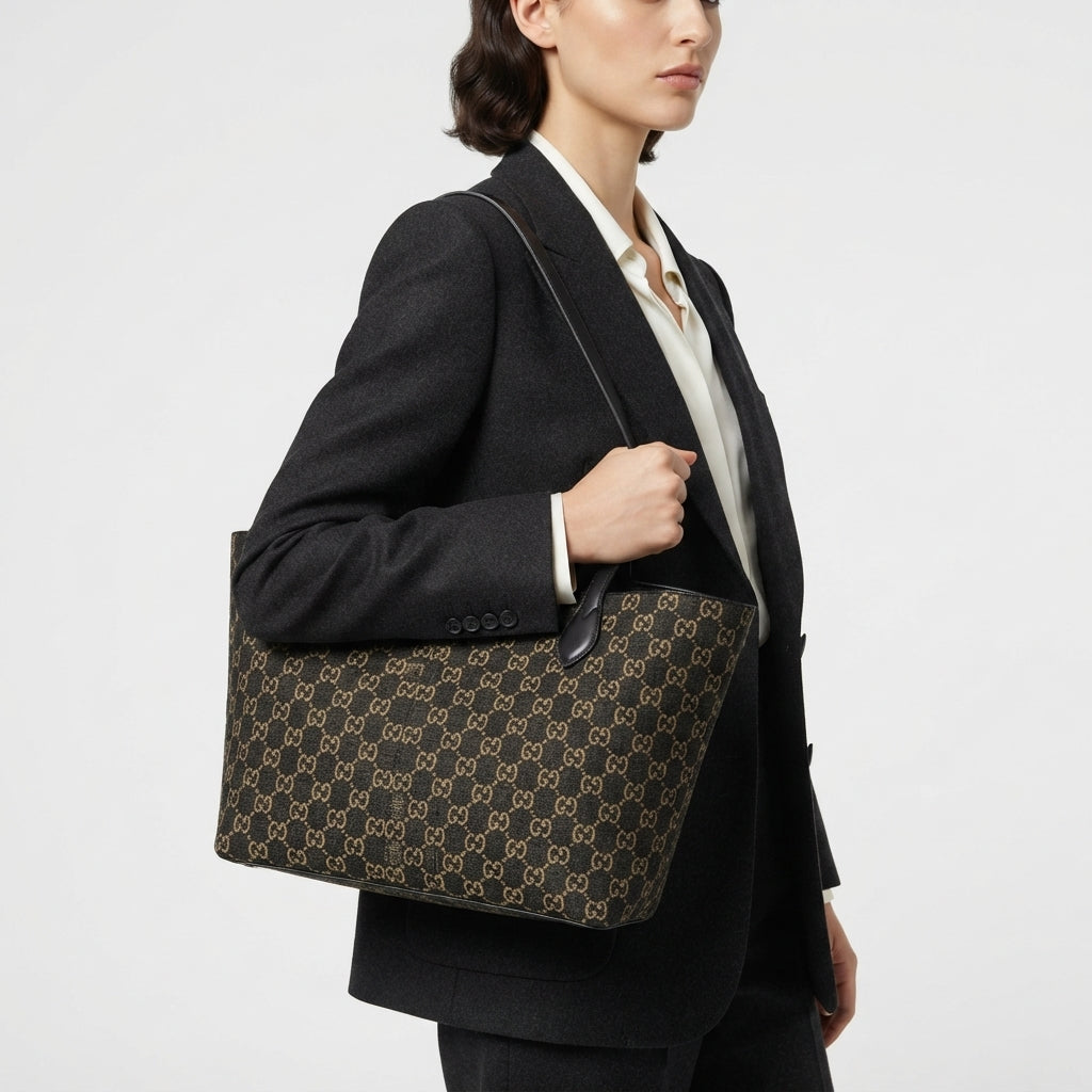 Gucci Monogram Tote Bag with Detachable Pouch and Shoulder Strap