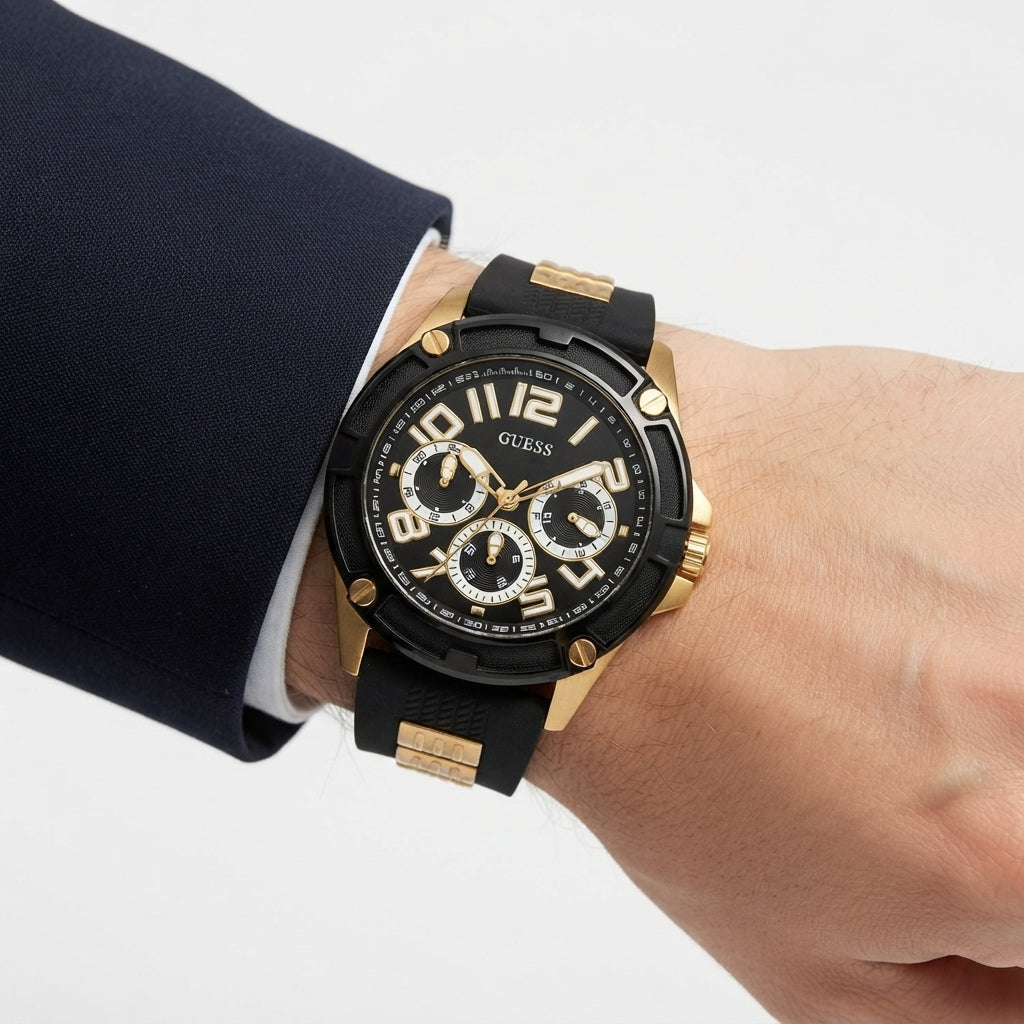 Guess Men's Black and Gold Chronograph Rubber Strap Watch