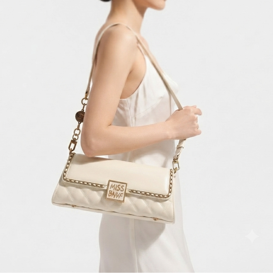 Miss BNVF Off-White Quilted Shoulder Bag with Chain Detail