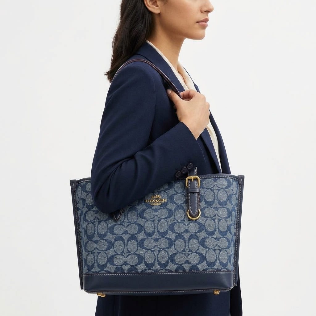 Coach Signature Denim Tote with Leather Trim