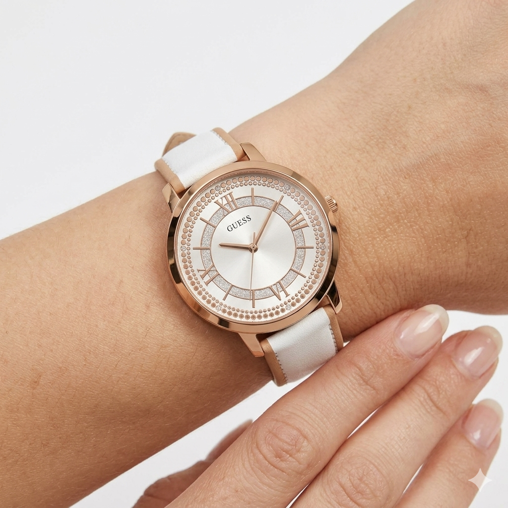 GUESS Women’s Rose Gold Tone Watch with White Leather Strap ⌚✨💎