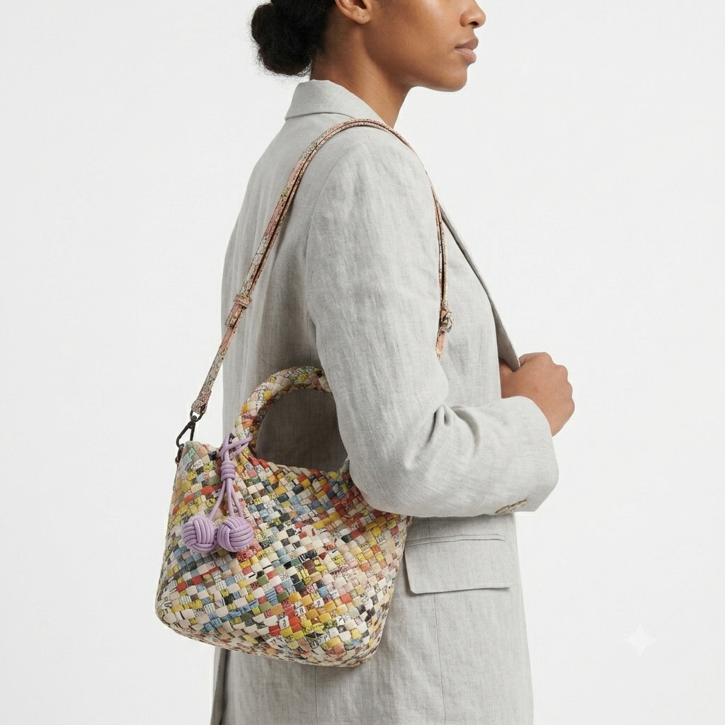 Multicolor Woven Bottega Style Handbag with Charm Detail 👜✨