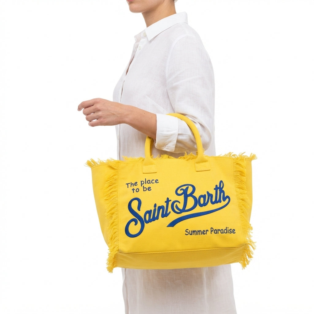 Saint Barth Summer Paradise Yellow Canvas Frayed Tote Bag