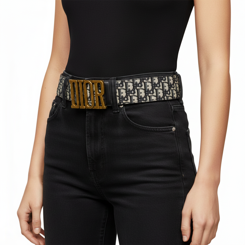 Christian Dior Oblique Canvas Belt with Oversized Gold Logo Buckle 🤍🖤✨