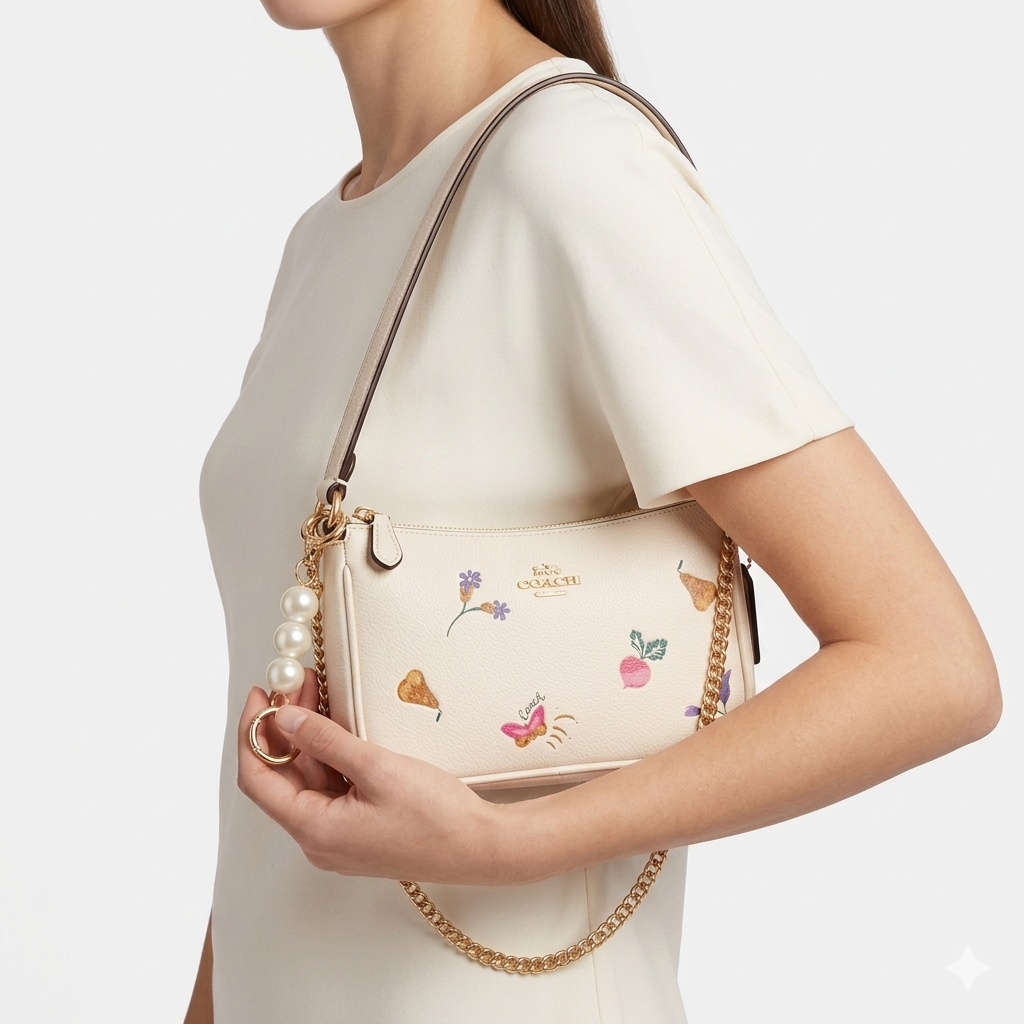 COACH Signature Print and Floral Crossbody Bag with Pearl Charm 👜🌸✨