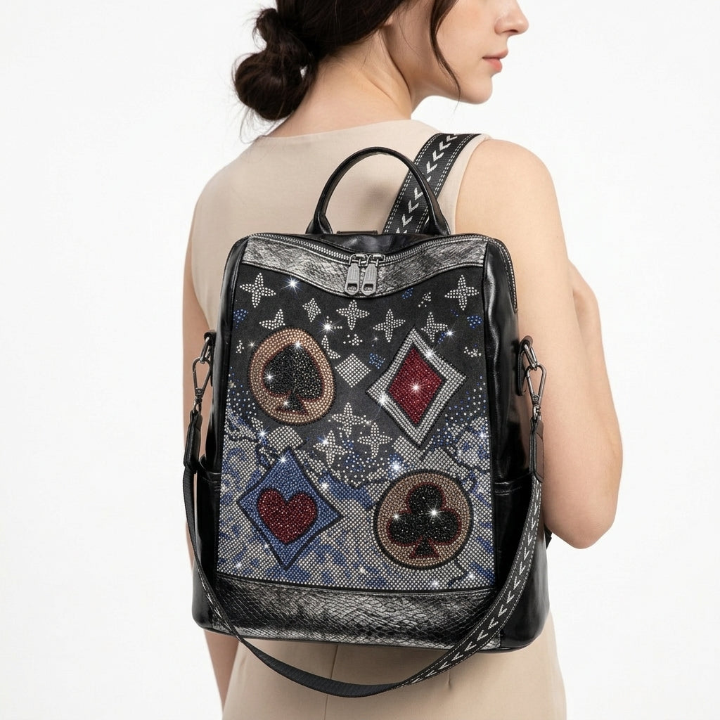 Rhinestone Playing Card Suit Pattern Backpack