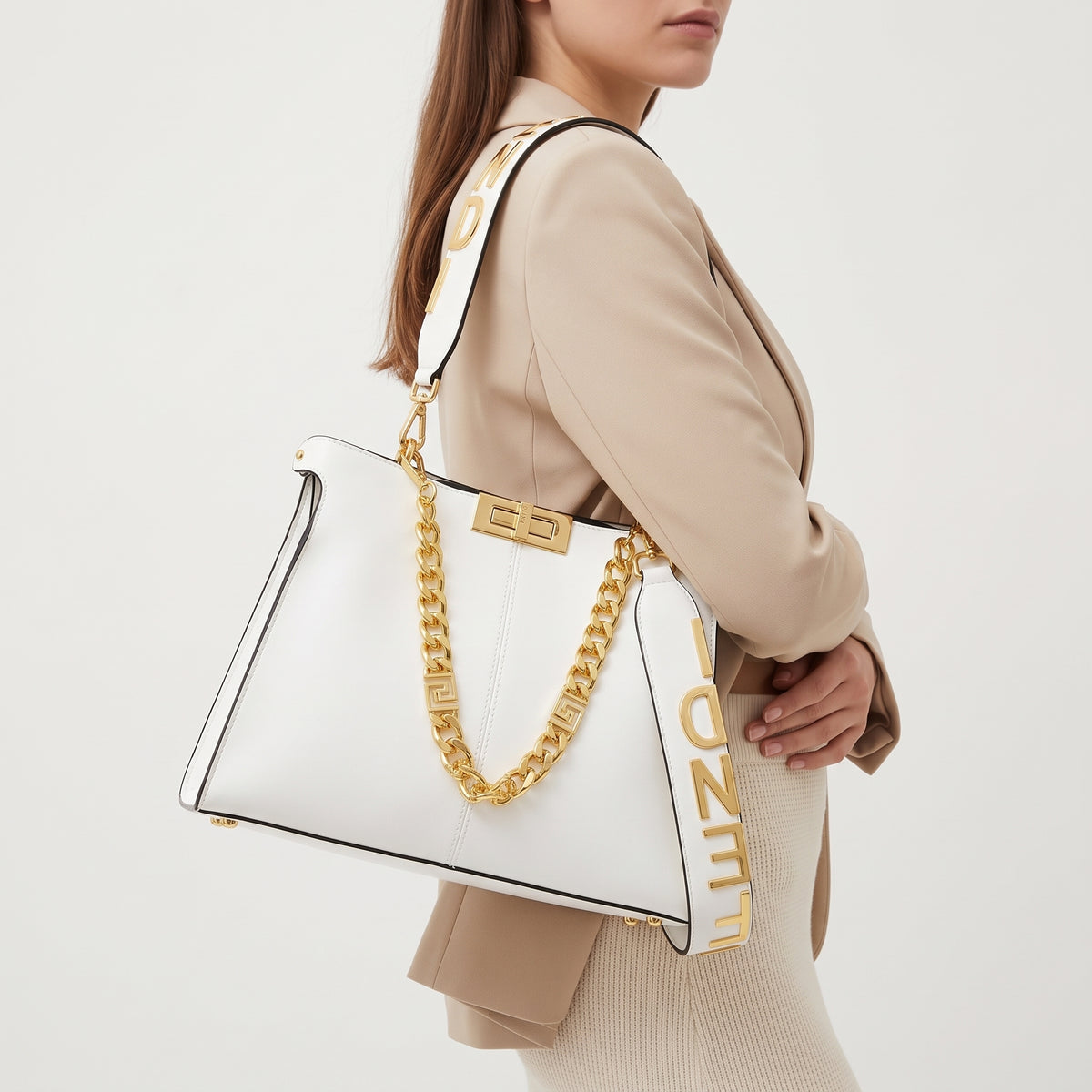 Elegant Fendi Style Handbag with Gold-Tone Chain Detail