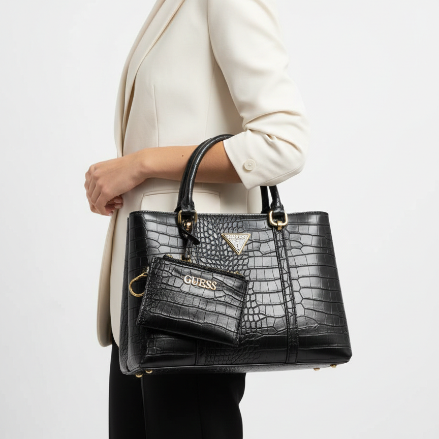 Guess Croco-Embossed Satchel with Detachable Pouch 👜🖤✨