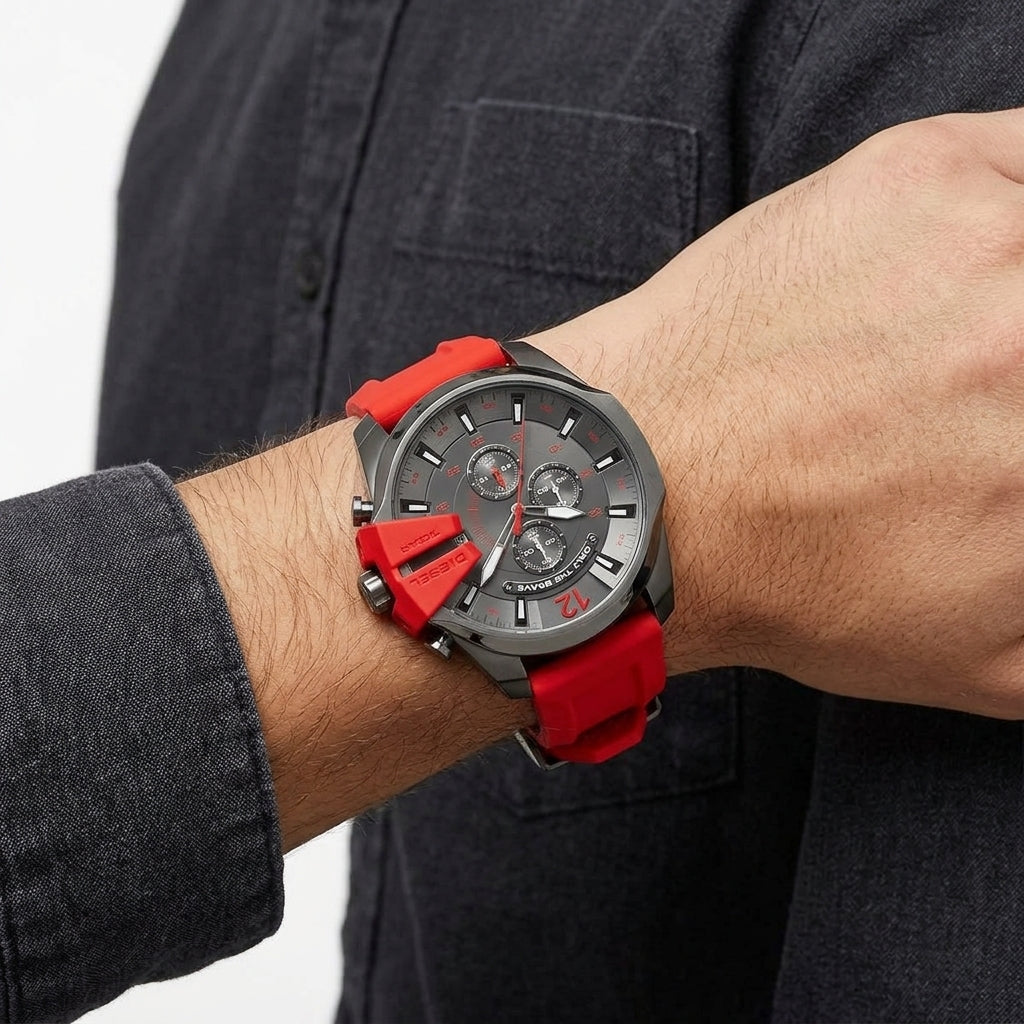 Diesel Only The Brave Chronograph Watch with Red Silicone Strap