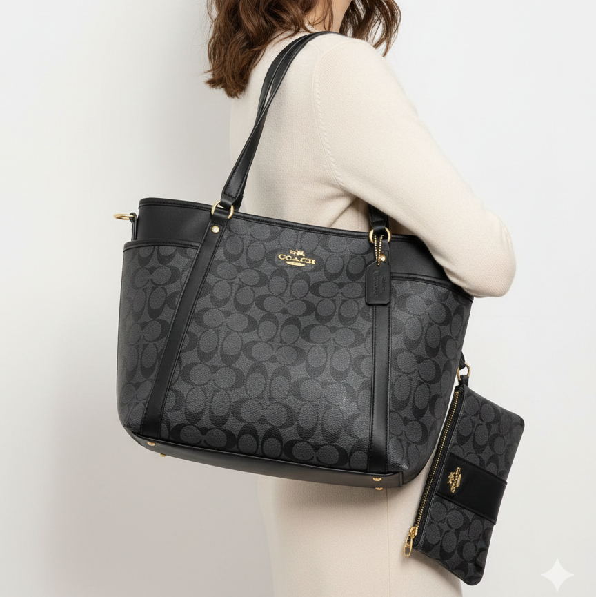Coach Signature Monogram Tote and Matching Wristlet Set in Charcoal 👜✨🖤