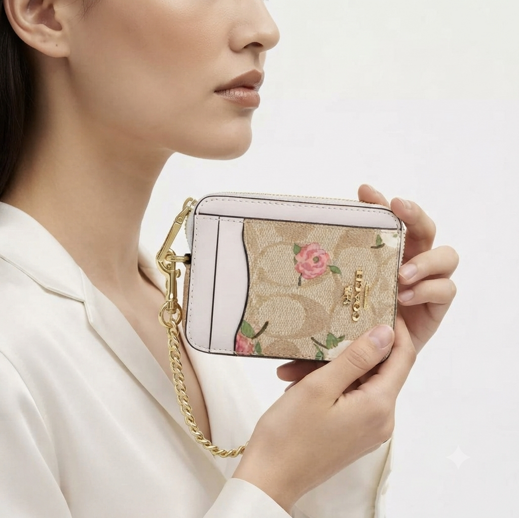 Coach Floral Print Leather Card Case with Gold-Tone Chain 🌸✨