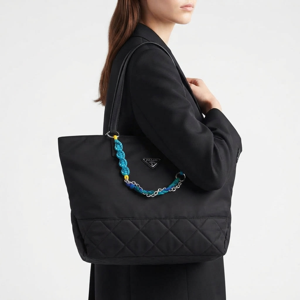 Prada Black Waterproof Tote with Decorative Braided Chain