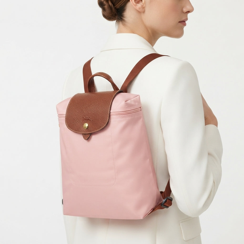 Classic Longchamp Style Compact Backpack in Brown