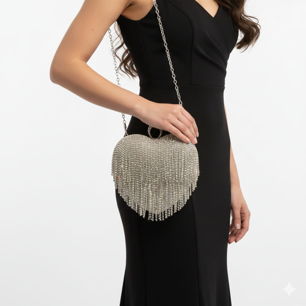 Sparkling Heart Fringe Rhinestone Evening Clutch 💖✨💎