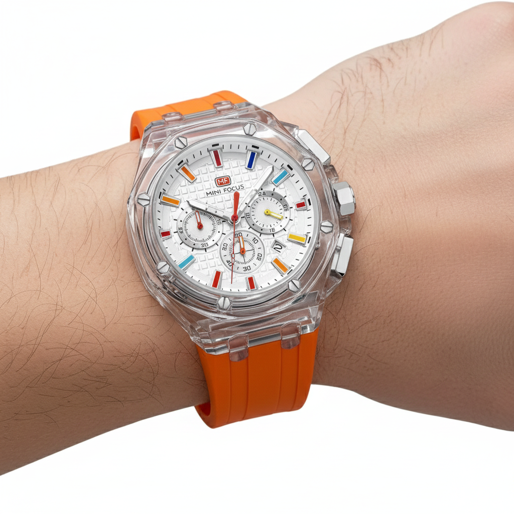 Mini Focus Sport Chronograph Watch with Transparent Case and Orange Silicone Strap ⌚✨🔥