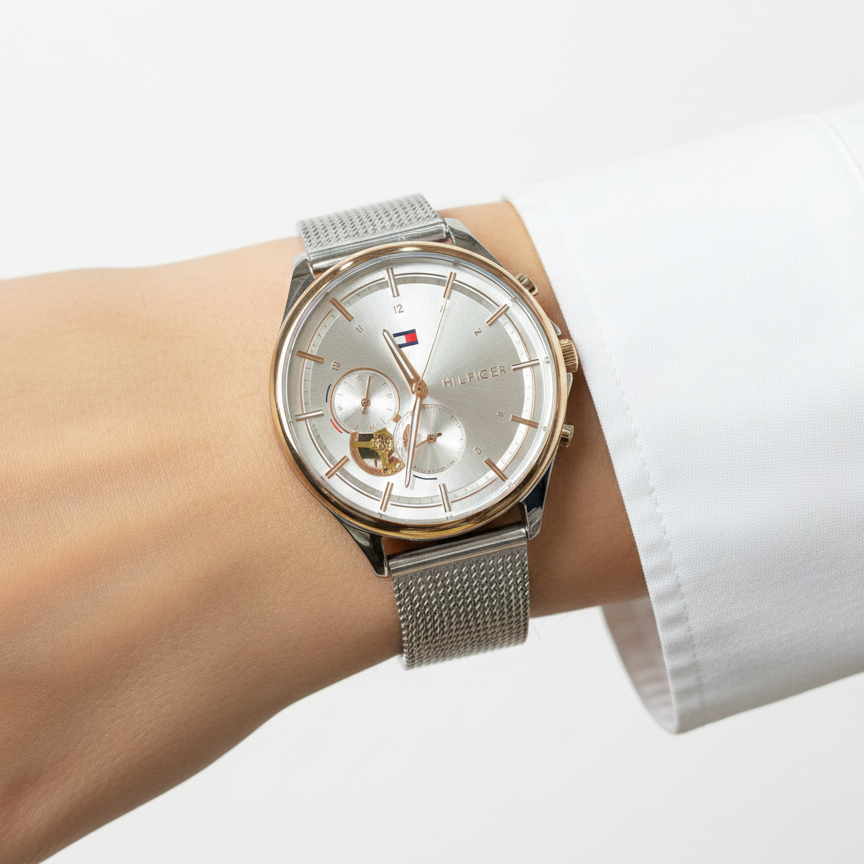 Tommy Hilfiger Dual-Tone Mesh Skeleton Watch ⌚✨🏙️