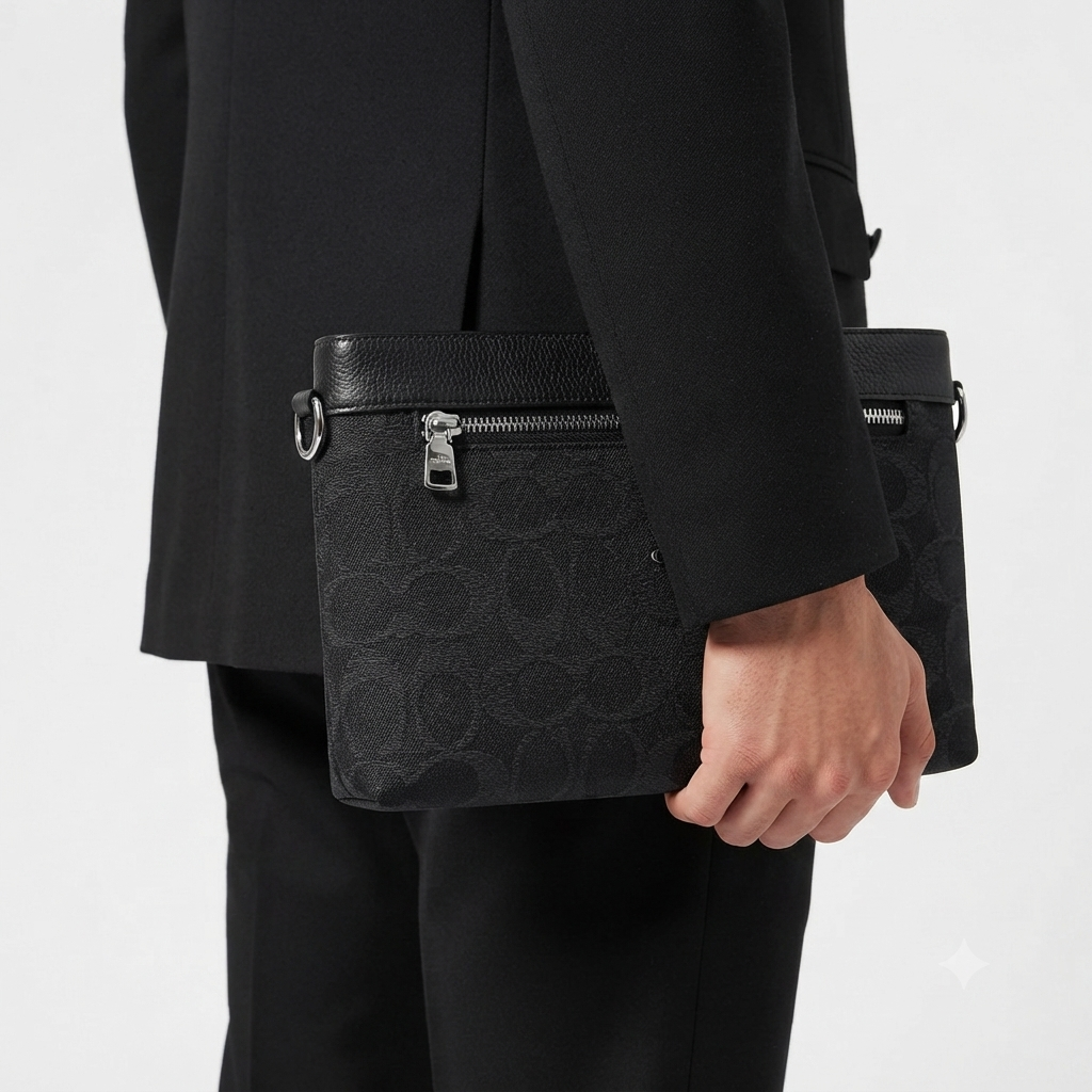 Coach Signature Canvas Black Clutch with Silver Hardware