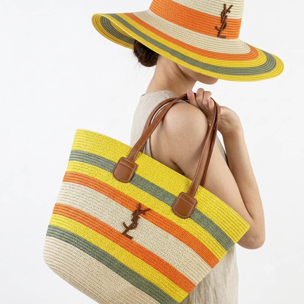 YSL Striped Straw Tote Bag and Matching Sun Hat Set 👒✨