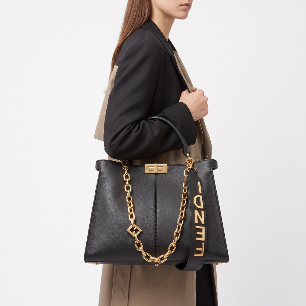 Fendi Style Black Handbag with Gold Tone Chain Strap