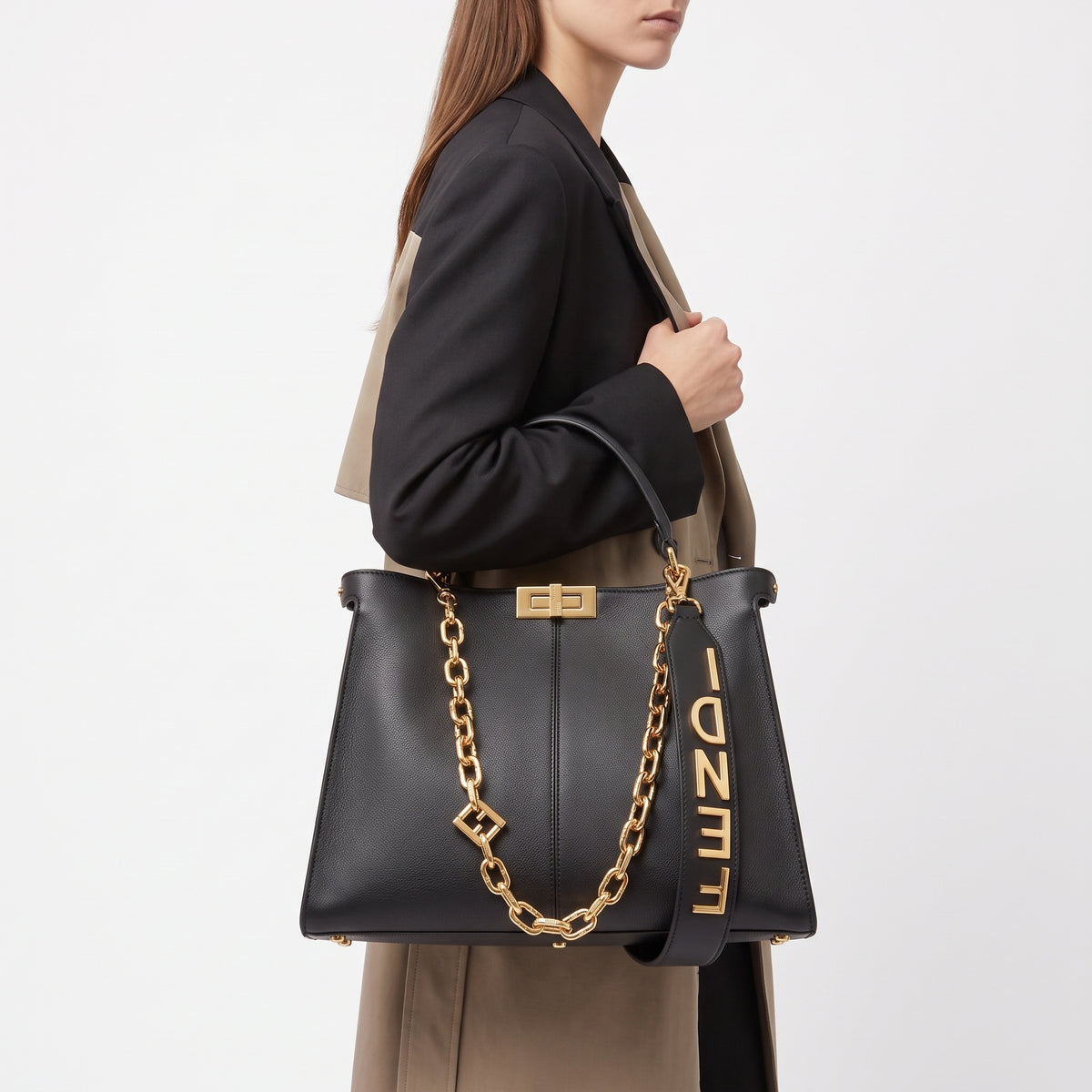 Fendi Style Black Handbag with Gold Tone Chain Strap
