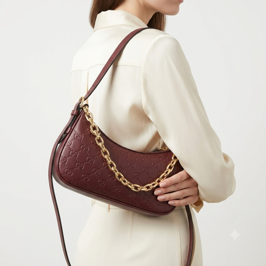 Gucci GG Embossed Burgundy Shoulder Bag with Gold Chain ✨👜