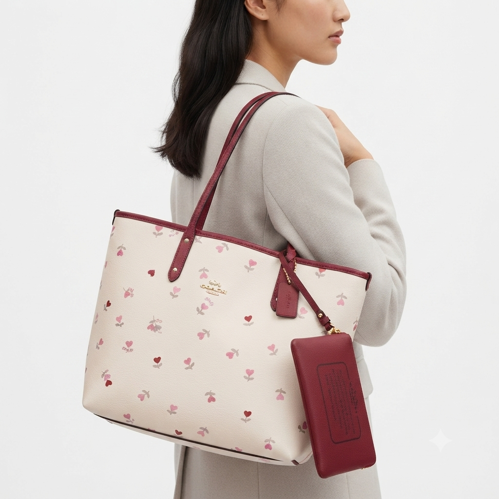 Coach Floral & Heart Print Tote Bag with Matching Pouch 🌸❤️👜
