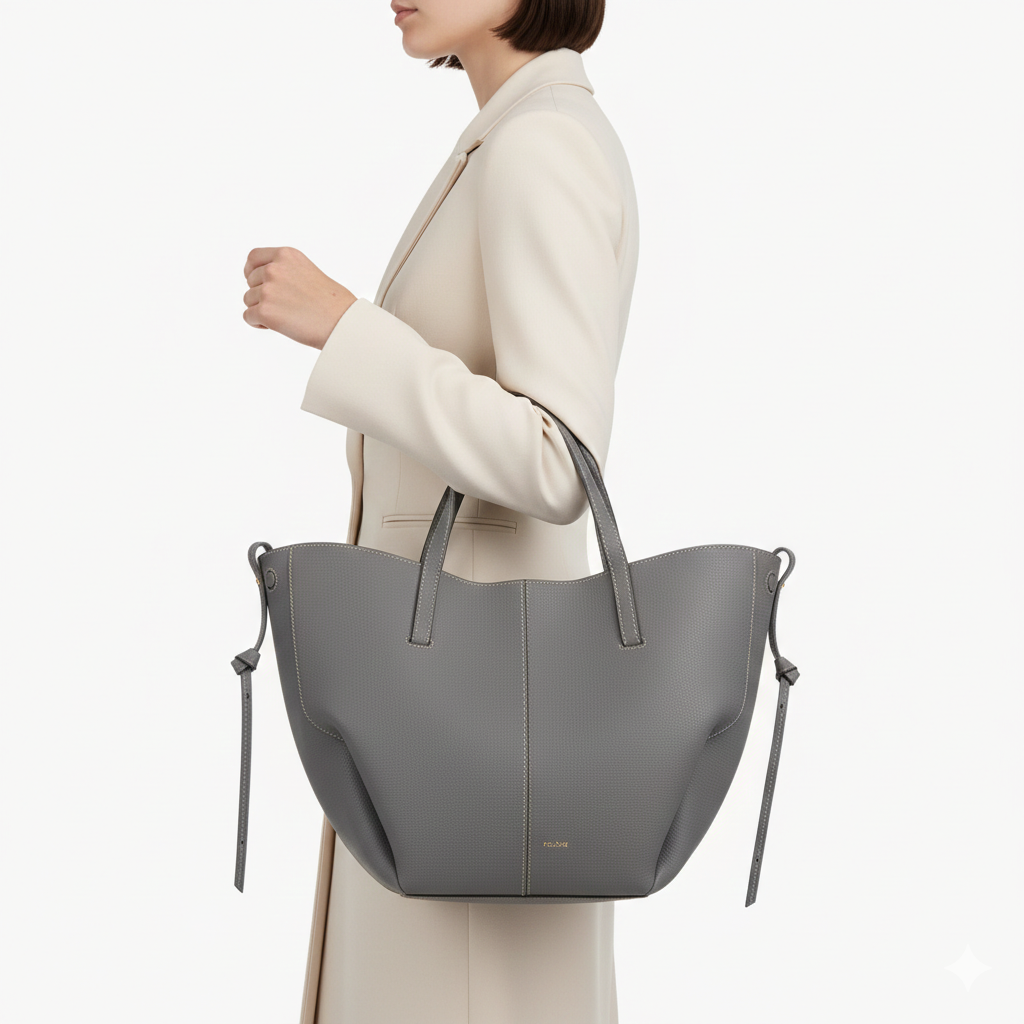 Polène Cyme Textured Leather Tote Bag in Slate Gray 🐨 👜 ✨