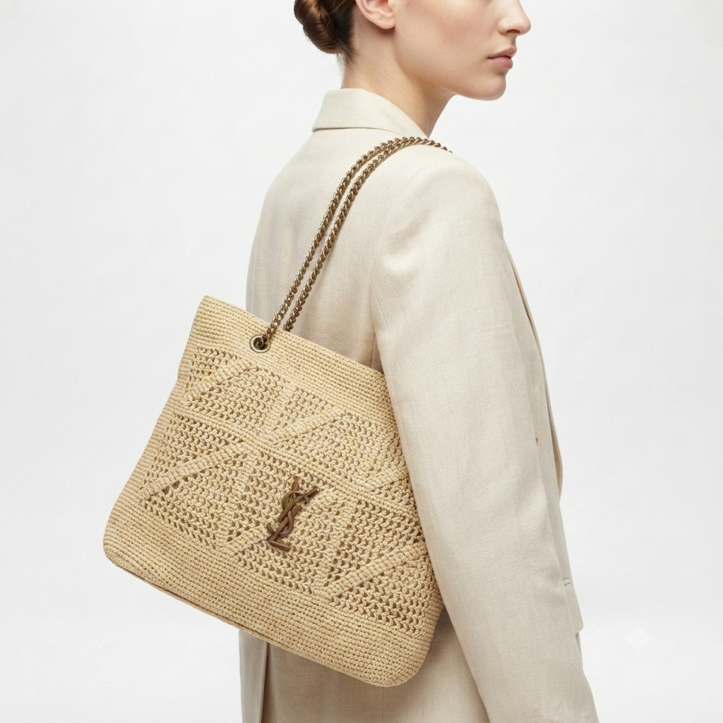 Saint Laurent Beige Crochet Raffia Tote with Gold Logo 👜✨