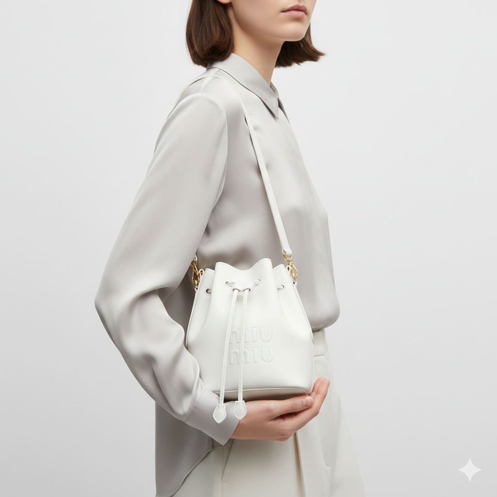 Miu Miu White Leather Bucket Bag with Embossed Logo 🤍👜✨