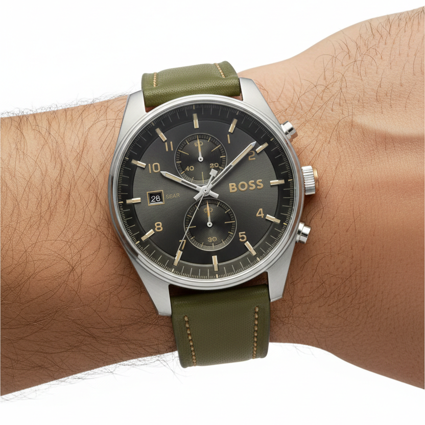 BOSS Pilot Edition Chronograph Watch with Olive Leather Strap ⌚️🌿✨