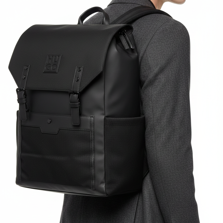 HUGO Matte Black Flap Backpack with Textured Accents 🎒🖤✨