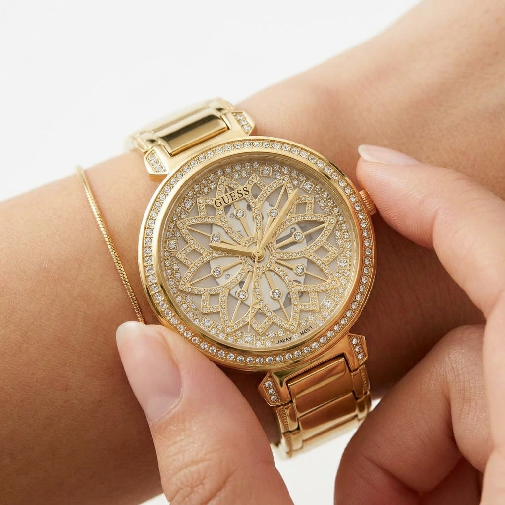 Guess Floral Crystal Embellished Gold Tone Watch